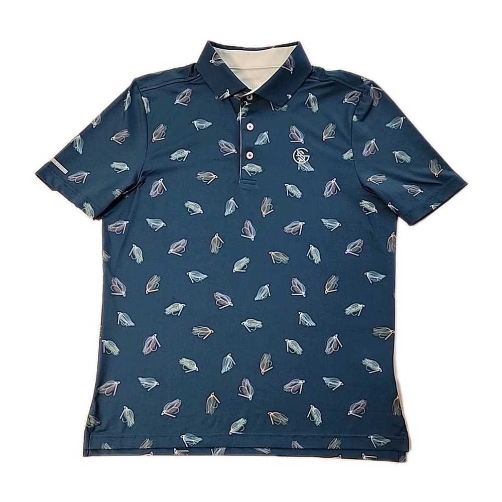 Googan Squad Men Polo Shirt S Performance Short Sleeve Blue Fish Lures Hook Bait